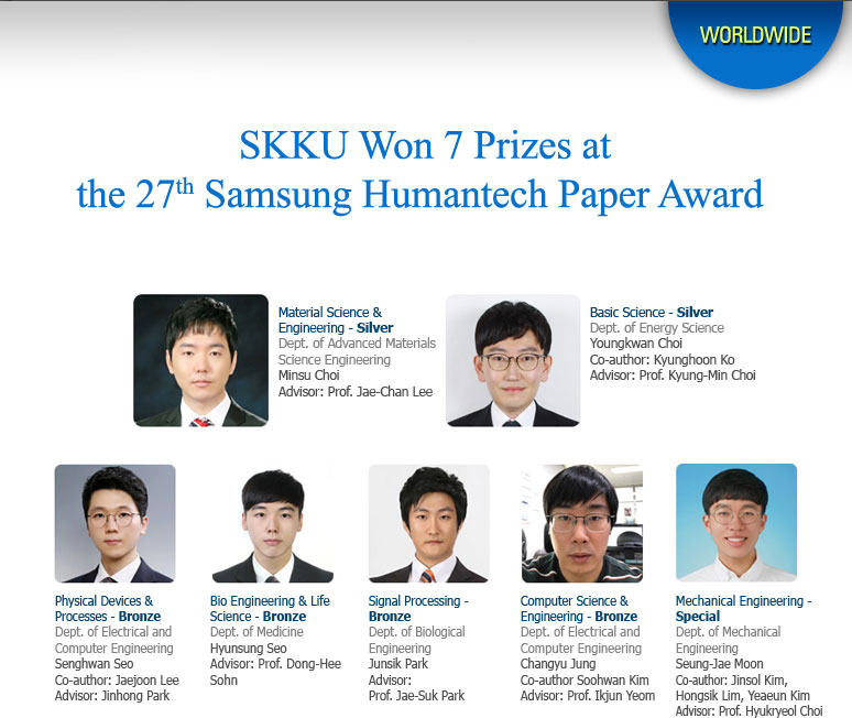 SKKU Won 7 Prizes at the 27th Samsung Humantech Paper Award